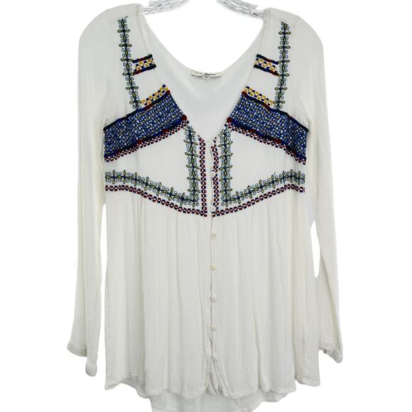 JACHS GIRLFRIEND White Peasant Blue Embroider Bodice V-neck Long Sleeve Top XS - Picture 2 of 13